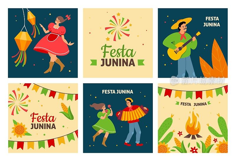 Festa junina. Traditional latin american fertility festival, dancing pueblos people with instruments in traditional costumes, village holiday fair. Festive square posters vector cards set
